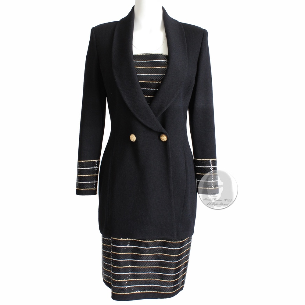 St John Evening Suit Jacket Skirt 2pc Set Embellished Knit Black Gold White Sz 6